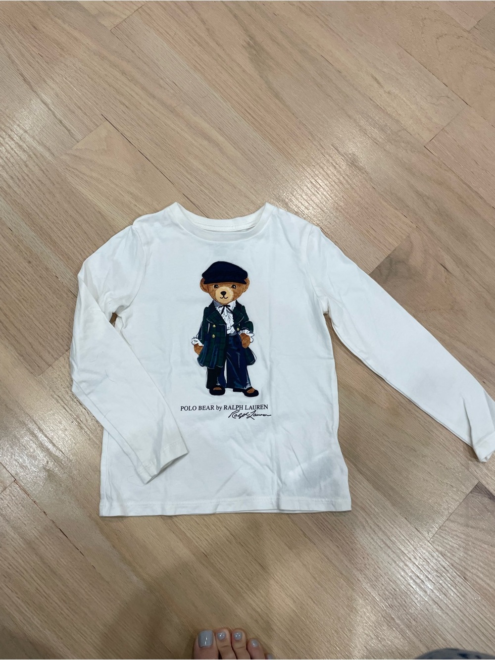 Polo by Ralph Lauren White Long-Sleeve Tee with Navy Polo Bear Graphic